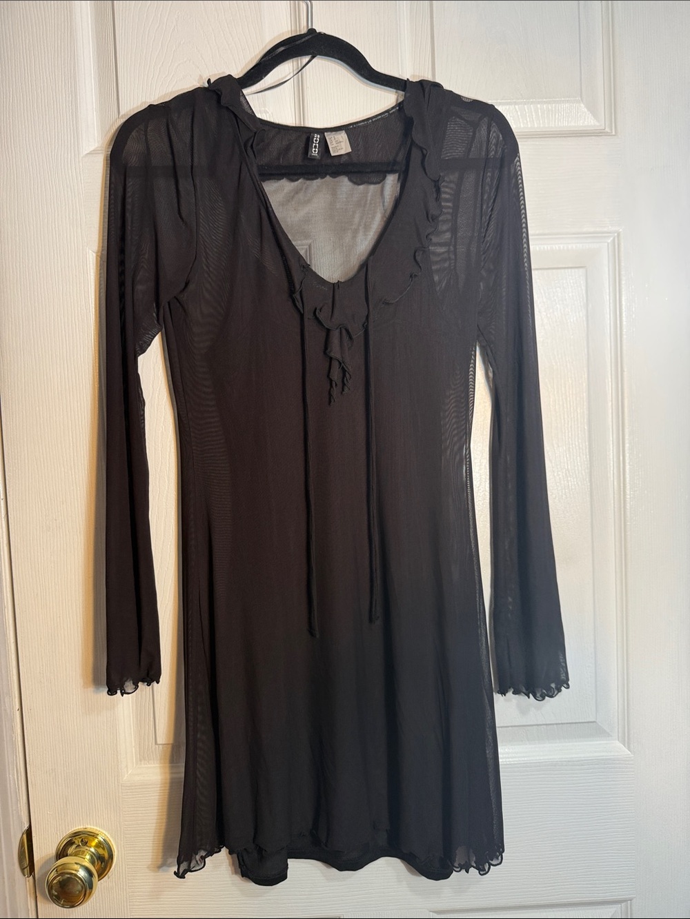 H&M Black Sheer Long-Sleeve Ruffle Tie Dress